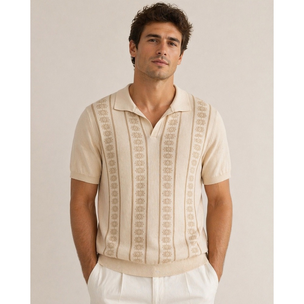Dandy Del Mar Mens Gaucho Knit Polo Shirt Cream Tan Stripe Floral Cotton M NEW
